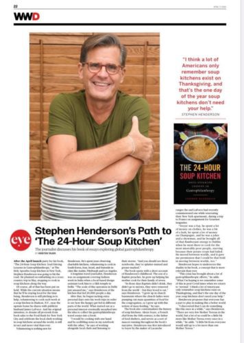 Stephen Henderson smiles, holding stacked plates, discussing his book on soup kitchens.
