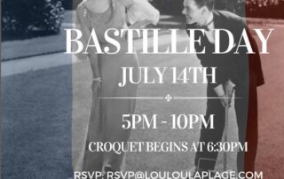 Vintage photo with Bastille Day event details, including croquet and RSVP info.