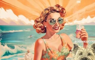 Vintage-style woman enjoying a sunny beach with a drink and a dog.