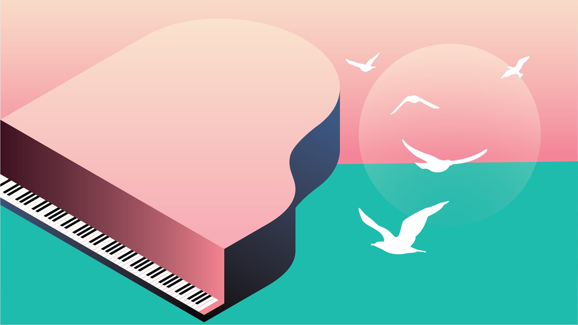 Abstract piano with birds flying over a sea at sunset.